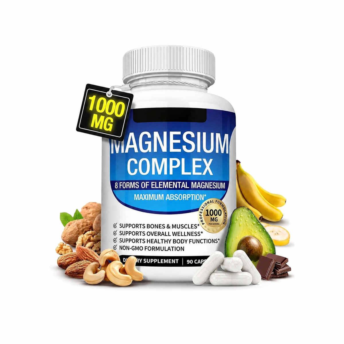 Magnesium Complex 1000MG Supplement 90 Capsules Supports Healthy Body Functions Muscle Bone Health Dietary Supplement