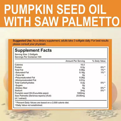 Pumpkin Seed Oil Supplement Promotes Hair Growth, Urinary Tract And Prostate Health, Cardiovascular Support 300 Capsules