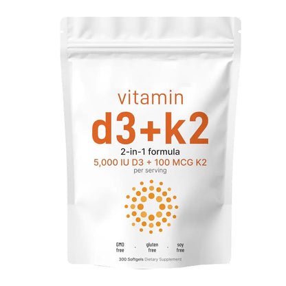 300pcs Vitamin D3 K2 Capsules, Vitamin D3 5000iu & Vitamin K2 100mcg MK7 120 Vegan Softgels Boost Immunity, Vitamin Soft Capsule