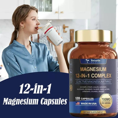 120pcs Magnesium Capsules, 12-in-1 Formula For Maximum Benefits Complex - Magnesium Glycinate, Citrate, Malate, L-Threonate