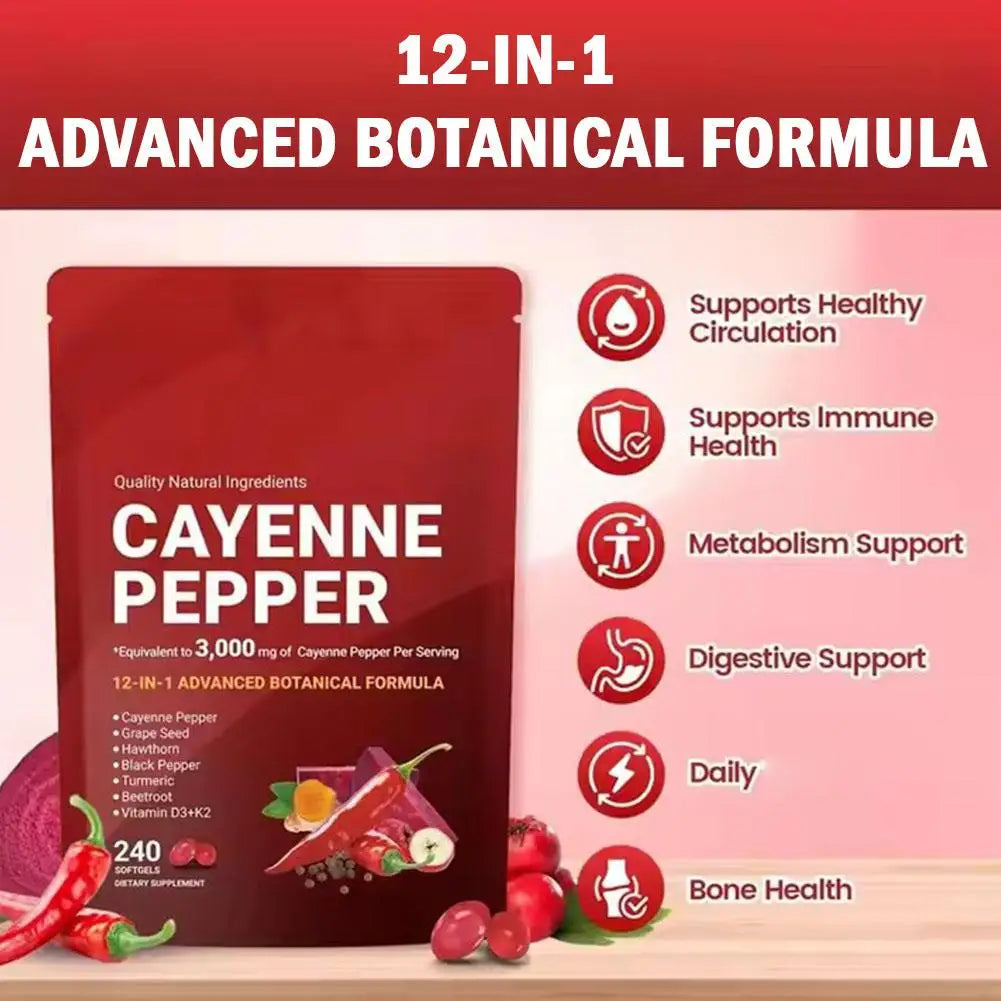 240pcs Cayenne Pepper Health Capsules 12-in-1 Advanced Botanical Formula Softgel Supplements Promotes Healthy Digestion New