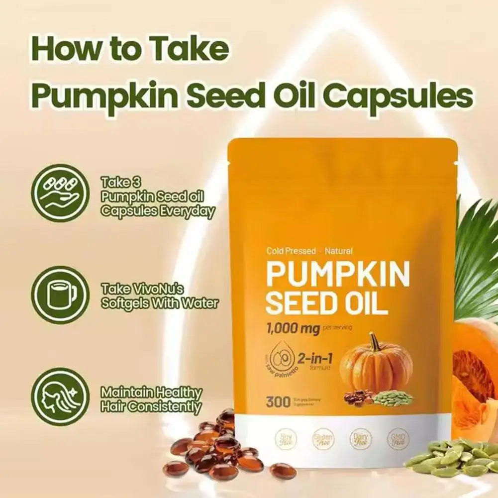 Pumpkin Seed Oil Supplement Promotes Hair Growth, Urinary Tract And Prostate Health, Cardiovascular Support 300 Capsules