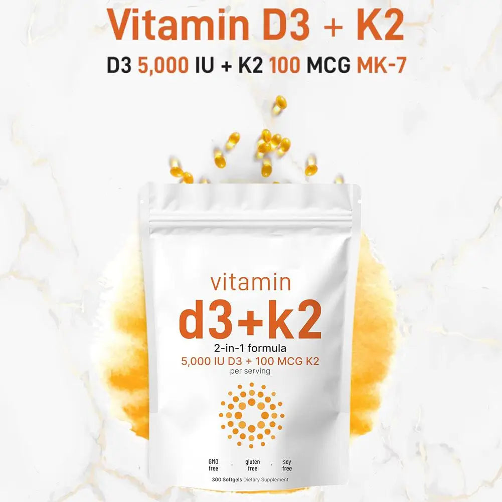 300pcs Vitamin D3 K2 Capsules, Vitamin D3 5000iu & Vitamin K2 100mcg MK7 120 Vegan Softgels Boost Immunity, Vitamin Soft Capsule