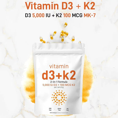 300pcs Vitamin D3 K2 Capsules, Vitamin D3 5000iu & Vitamin K2 100mcg MK7 120 Vegan Softgels Boost Immunity, Vitamin Soft Capsule