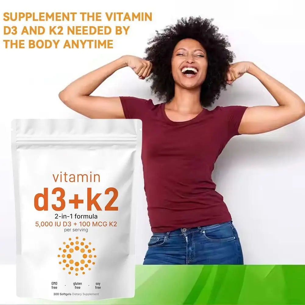 300pcs Vitamin D3 K2 Capsules, Vitamin D3 5000iu & Vitamin K2 100mcg MK7 120 Vegan Softgels Boost Immunity, Vitamin Soft Capsule