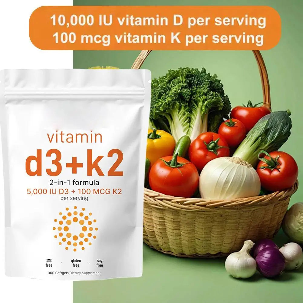 300pcs Vitamin D3 K2 Capsules, Vitamin D3 5000iu & Vitamin K2 100mcg MK7 120 Vegan Softgels Boost Immunity, Vitamin Soft Capsule