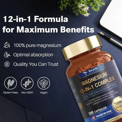 120pcs Magnesium Capsules, 12-in-1 Formula For Maximum Benefits Complex - Magnesium Glycinate, Citrate, Malate, L-Threonate